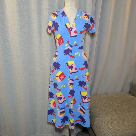Nooworks Snack Box Dress Greta Blue Snacks Midi Short Sleeve XS V Neck Made USA - Picture 2 of 9